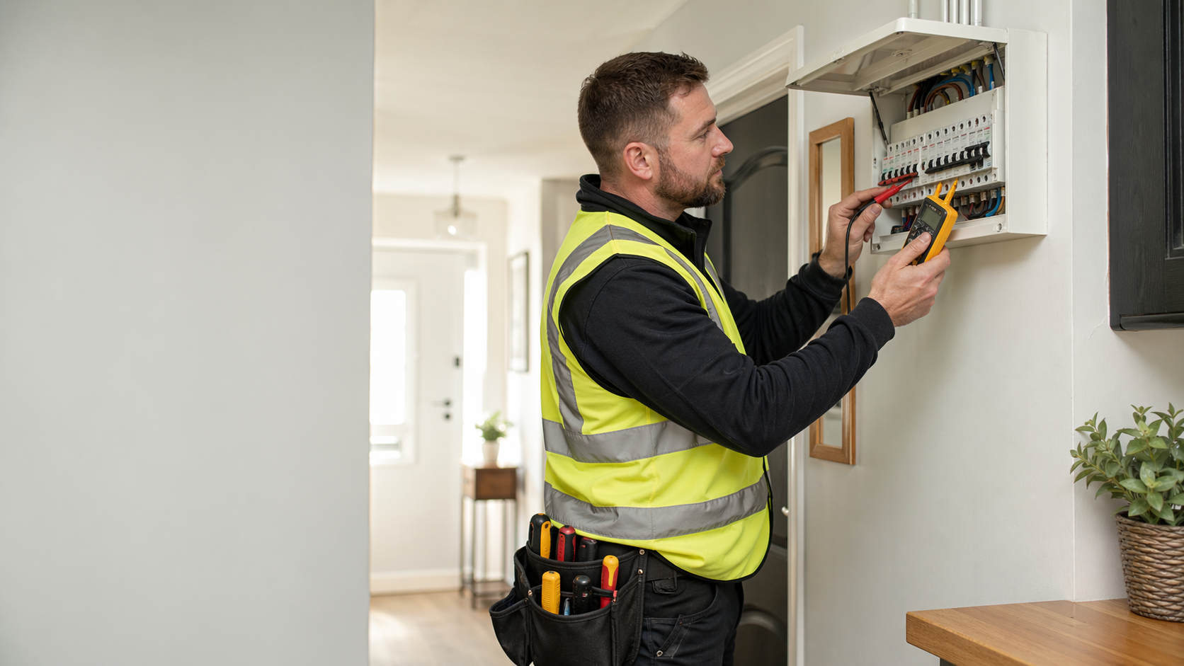 Electrician testing a domestic consumer unit